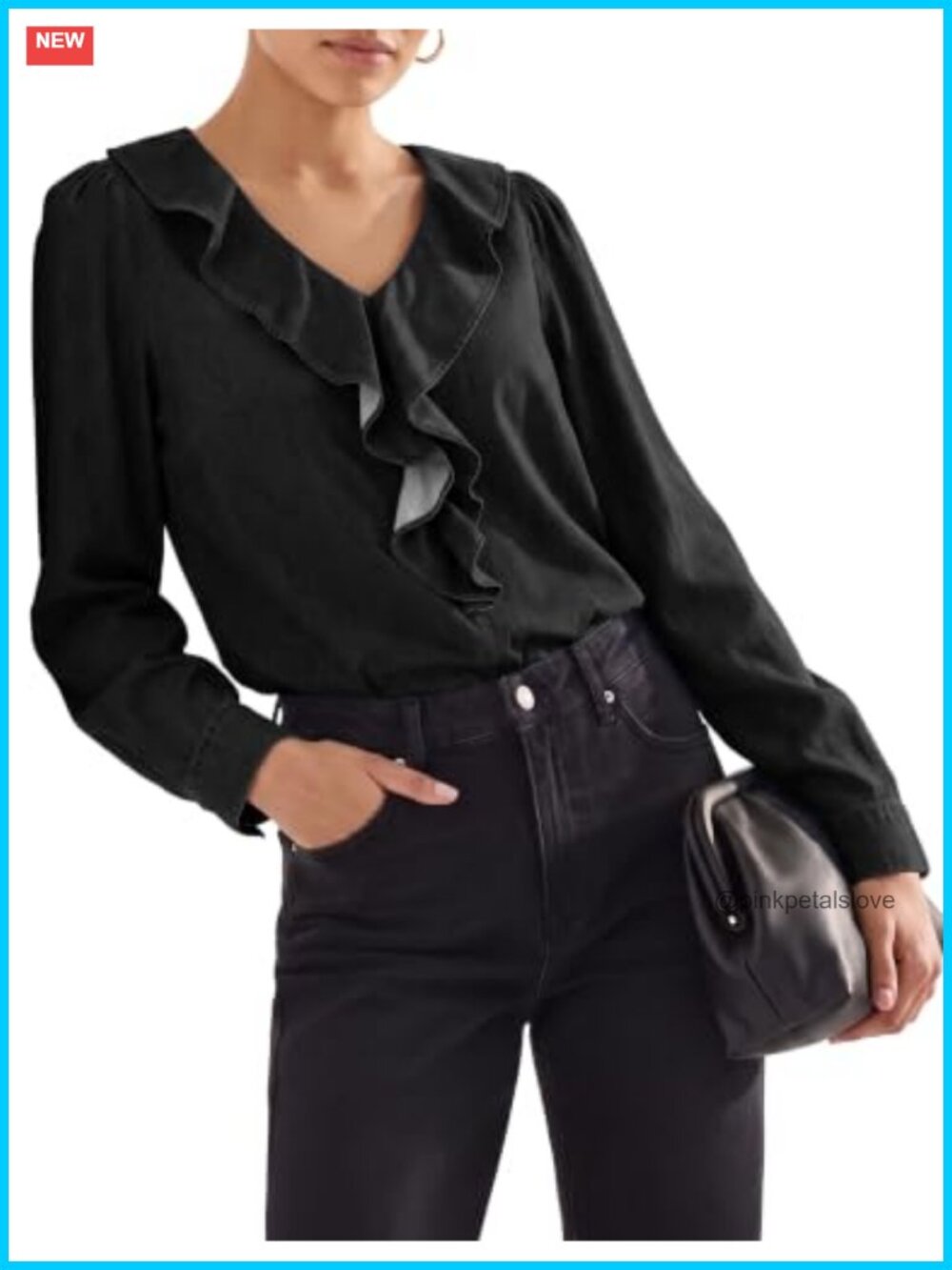 Denim Button-Down Shirt Ruffled V Neck Long Sleeve Chambray Blouse